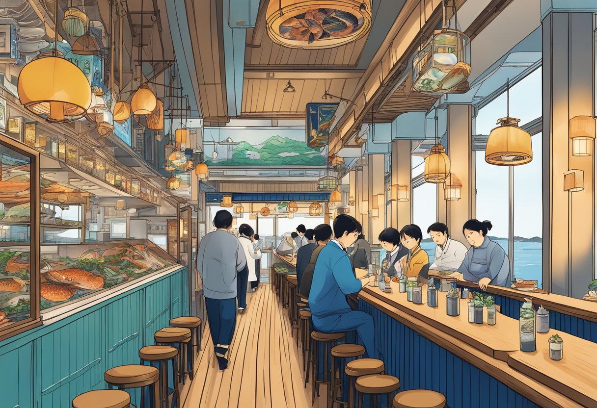 The scene showcases the 5 best seafood restaurants in Tokyo, each offering a unique dining experience. The restaurants are filled with delicious seafood dishes and a vibrant atmosphere
