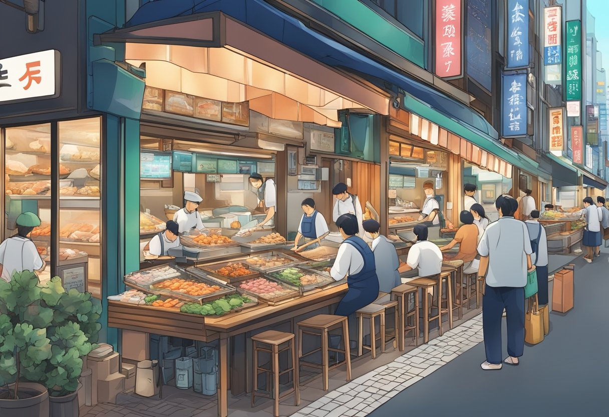 Busy Tokyo streets with colorful signs lead to 5 top seafood restaurants. Chefs prepare fresh fish and seafood dishes. Customers enjoy sushi and sashimi