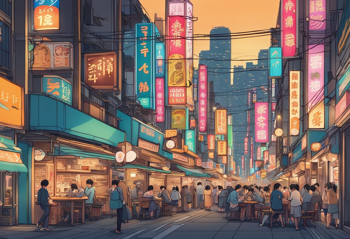 The bustling streets of Tokyo are lined with vibrant neon signs, casting a warm glow over the bustling crowds. The aroma of sizzling meats and savory broths fills the air, creating a lively and inviting atmosphere for a birthday celebration