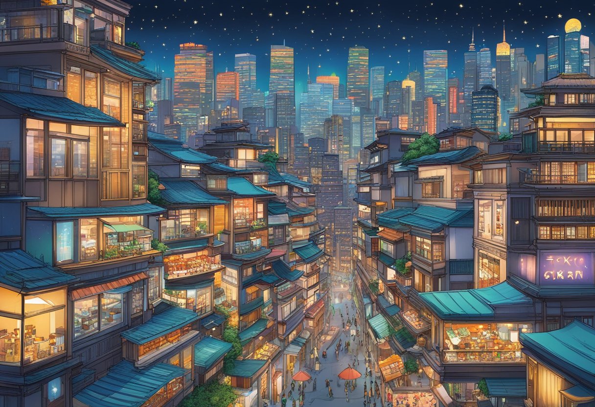 A vibrant cityscape of Tokyo with five distinct restaurants featured in bold lettering, each representing a unique cuisine, set against a backdrop of twinkling lights and a starry night sky