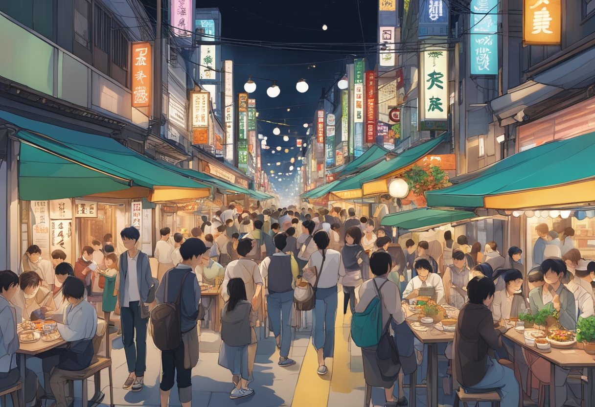 A bustling Tokyo street lined with vibrant restaurants, each adorned with colorful signage and bustling with diners celebrating birthdays