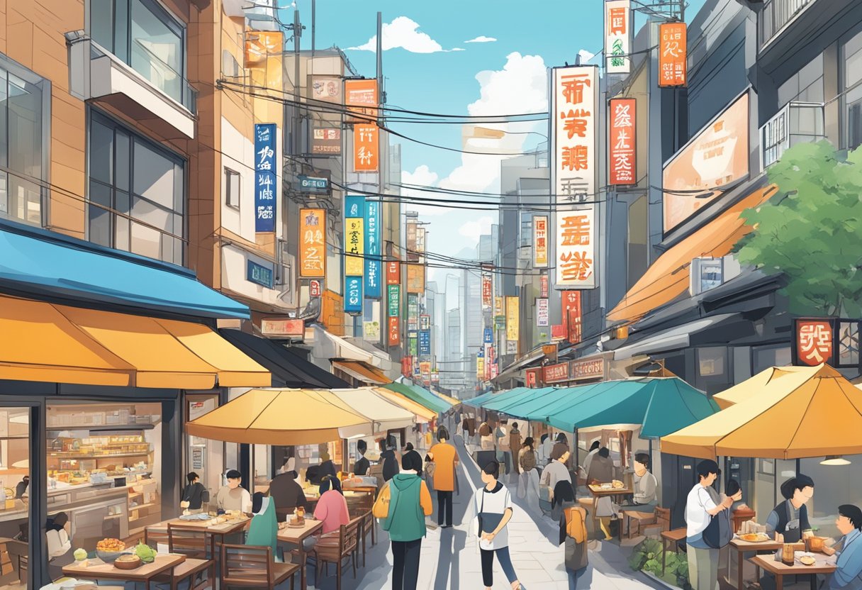 Five top Tokyo lunch spots illustrated: bustling city streets, colorful signage, diverse cuisines, bustling crowds, inviting storefronts
