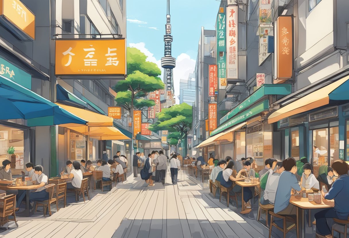 Five top Tokyo lunch spots in a bustling cityscape, with iconic landmarks in the background. Outdoor seating and colorful signage draw in hungry patrons