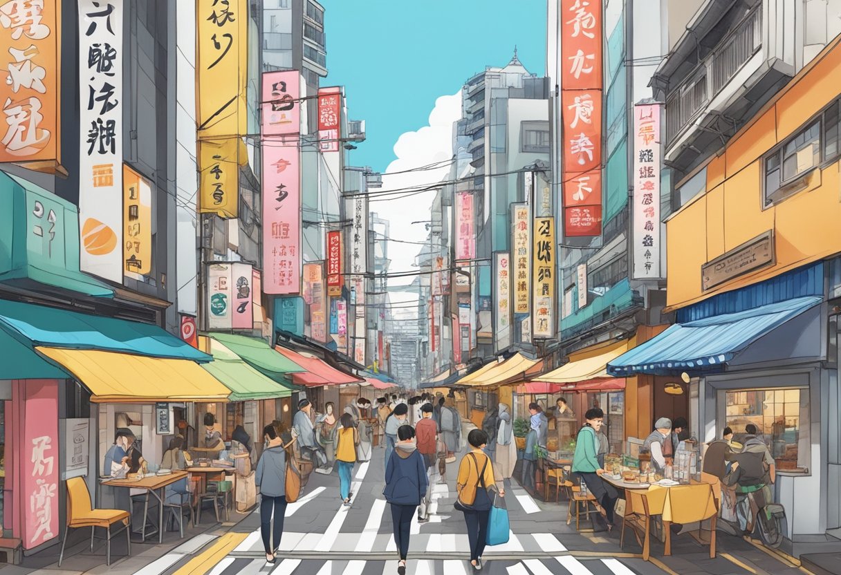 A bustling Tokyo street lined with 5 distinct restaurants, each with colorful signage and inviting entrances, drawing in tourists from all over