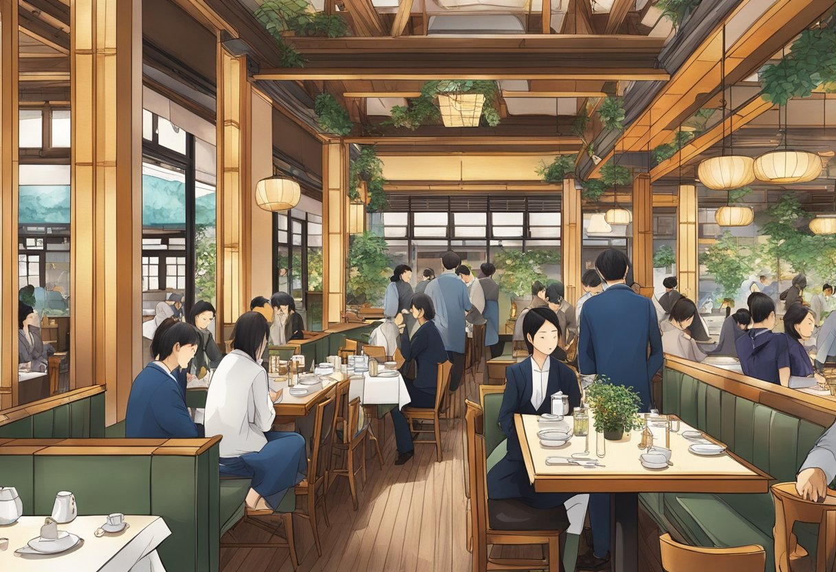 The bustling restaurant scene in Minato, Tokyo, features vibrant decor and a mix of traditional and modern dining spaces