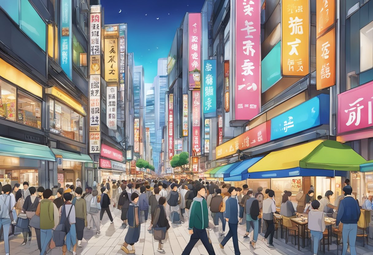 A bustling street in Minato, Tokyo with colorful signage and bustling crowds outside the 5 best restaurants, each with a unique facade