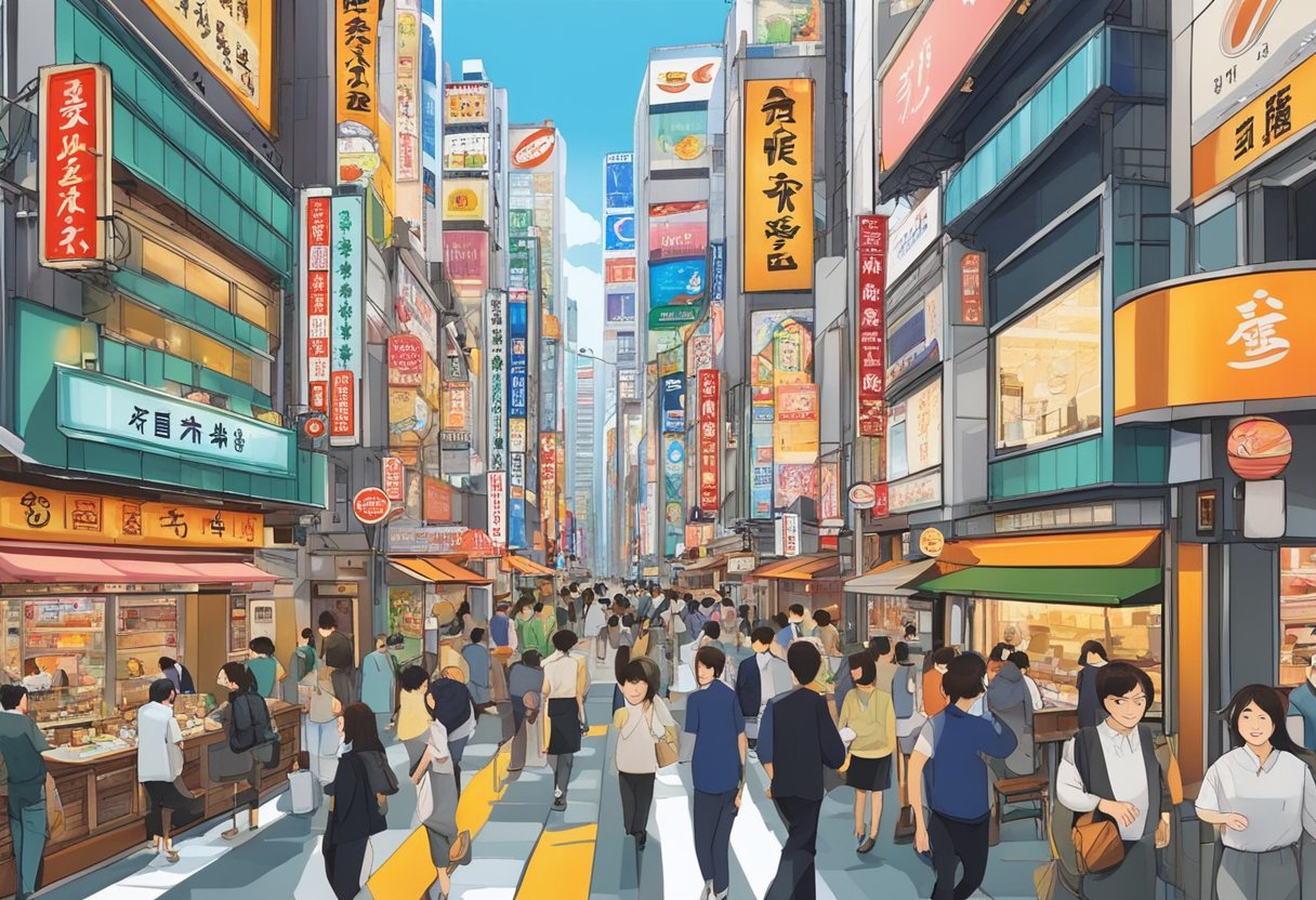 The bustling streets of Shinjuku, Tokyo showcase five iconic restaurants, each adorned with vibrant signs and bustling with hungry patrons