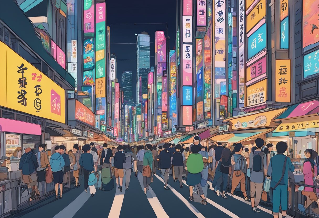 A busy street in Shinjuku, Tokyo, lined with colorful neon signs and bustling with people, leading to the entrance of the 5 best restaurants