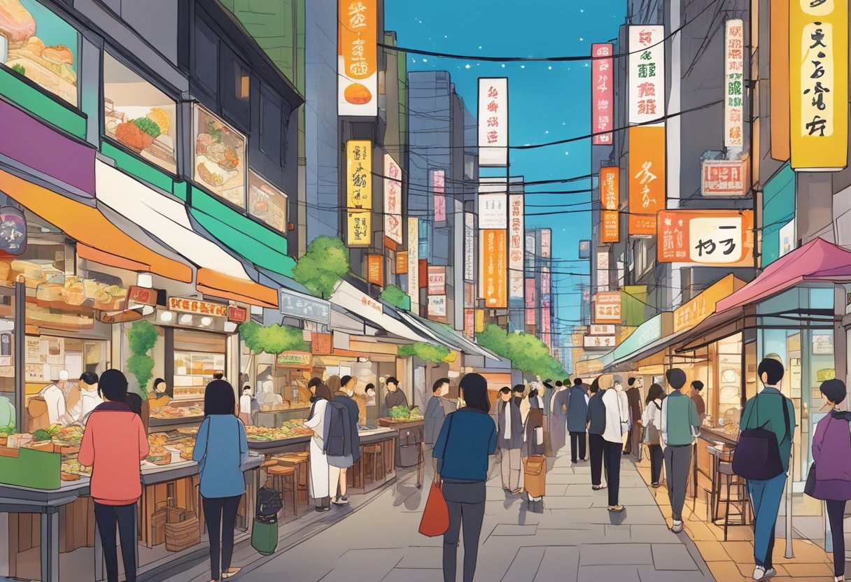 A bustling Tokyo street lined with vibrant restaurants, each showcasing a diverse array of vegetarian options. The colorful signage and inviting aromas draw in passersby eager to sample the city's top culinary delights