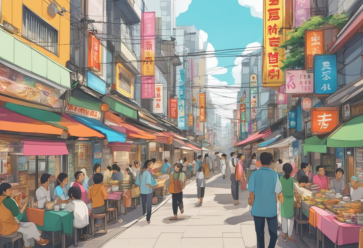 A bustling street in Tokyo, lined with colorful signs and vibrant decorations, showcasing the 5 best Indian restaurants