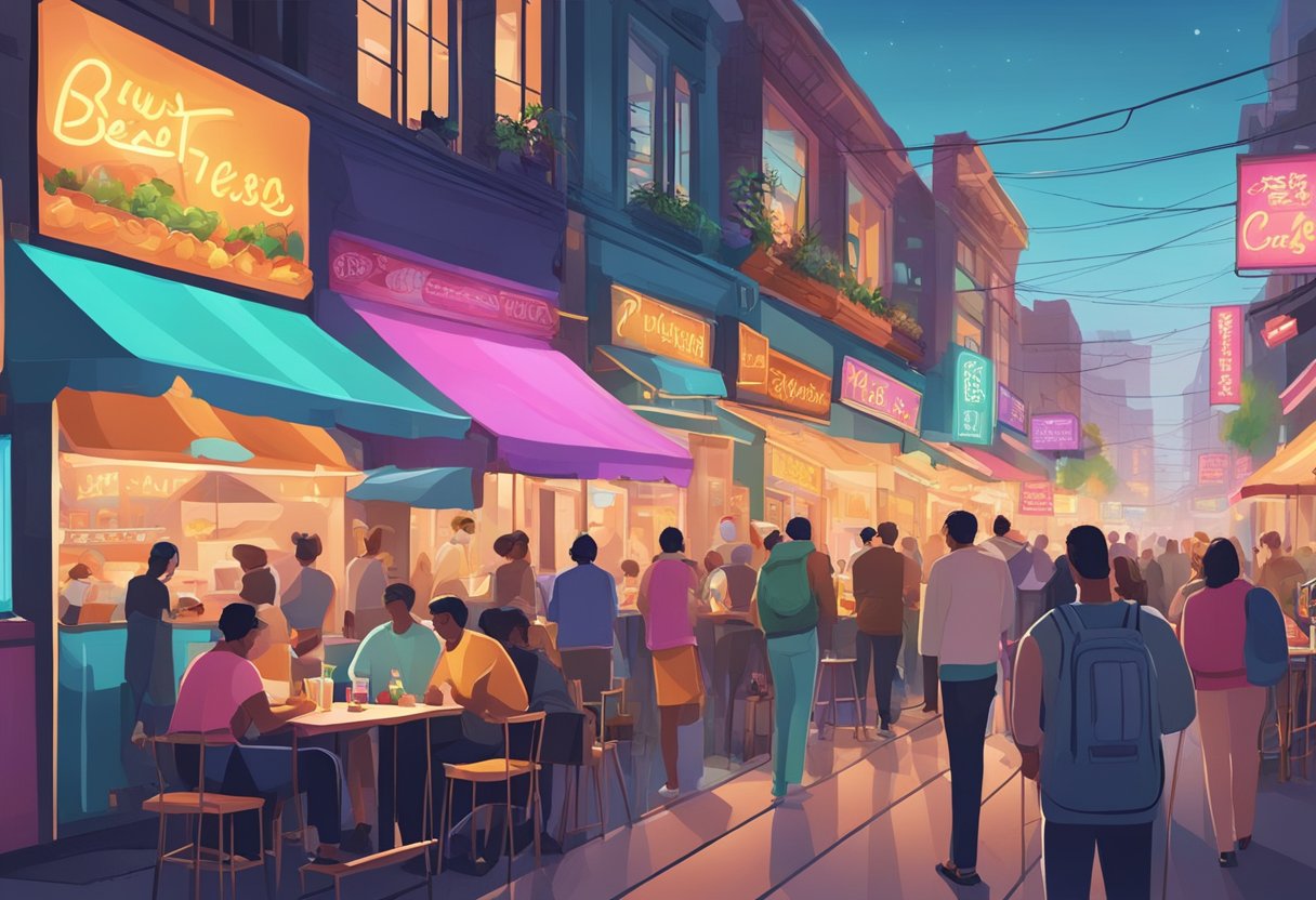 Busy streets with neon signs, bustling crowds, and colorful food stalls. A line of people outside popular restaurants. Bright lights and delicious aromas fill the air