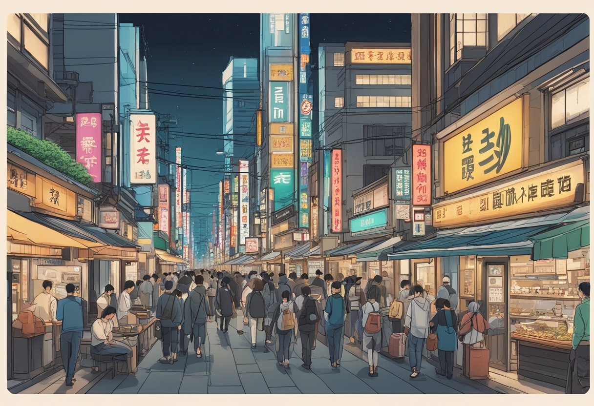 Busy streets of Tokyo, bustling with locals and tourists. Neon signs illuminate the facades of no-reservation restaurants, where diners eagerly line up for a taste of the city's best cuisine