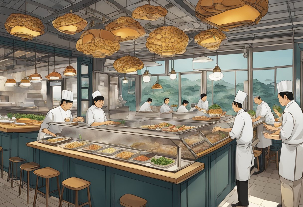 Five crab restaurants in Tokyo bustling with customers and chefs preparing mouthwatering dishes. Each restaurant showcases their unique take on crab cuisine, from traditional to modern twists