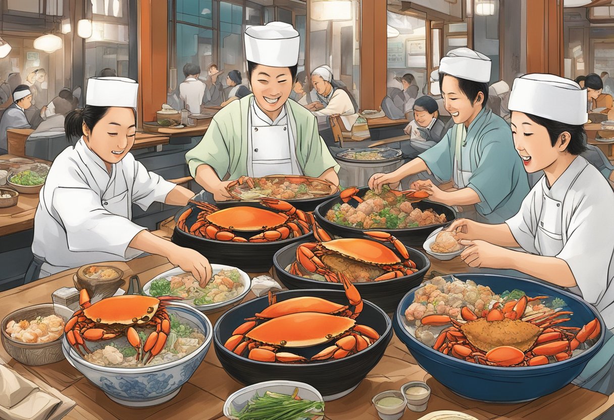 A lively scene at the top 5 crab restaurants in Tokyo, showcasing the cultural significance of crab in Japan