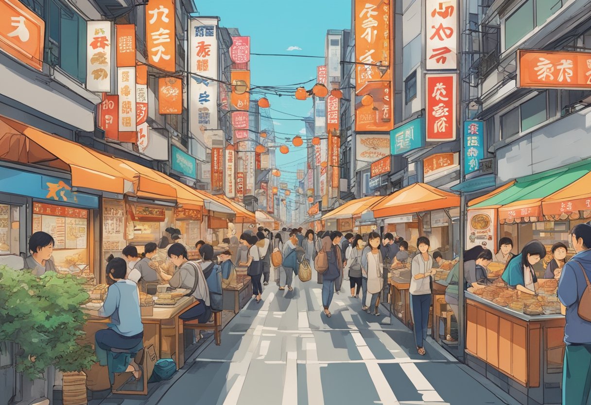 A bustling street in Tokyo, lined with vibrant crab restaurants, each adorned with colorful signs and bustling with hungry customers