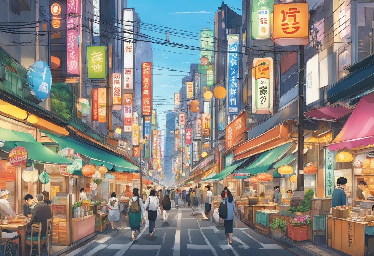A bustling Tokyo street lined with vibrant signs showcasing the 5 best all-you-can-eat restaurants, each offering a unique and enticing culinary experience