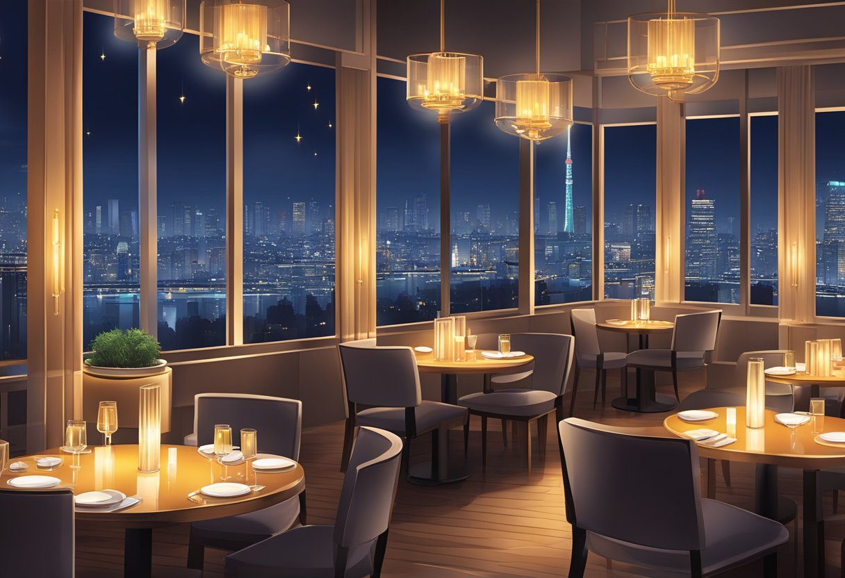 Candlelit tables in elegant Tokyo restaurants, soft music playing, with a view of the city lights