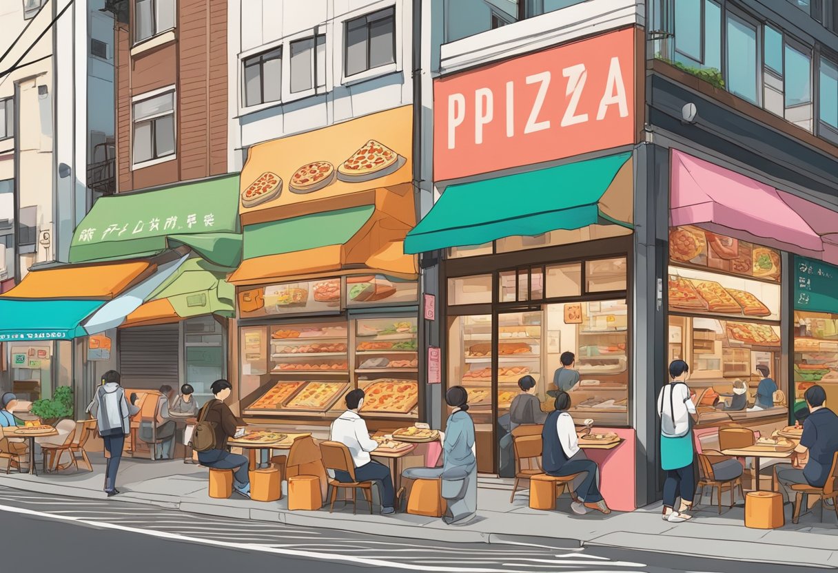 A bustling Tokyo street lined with 5 unique pizza restaurants, each with colorful signage and outdoor seating, as locals and tourists alike enjoy the aroma of freshly baked pies