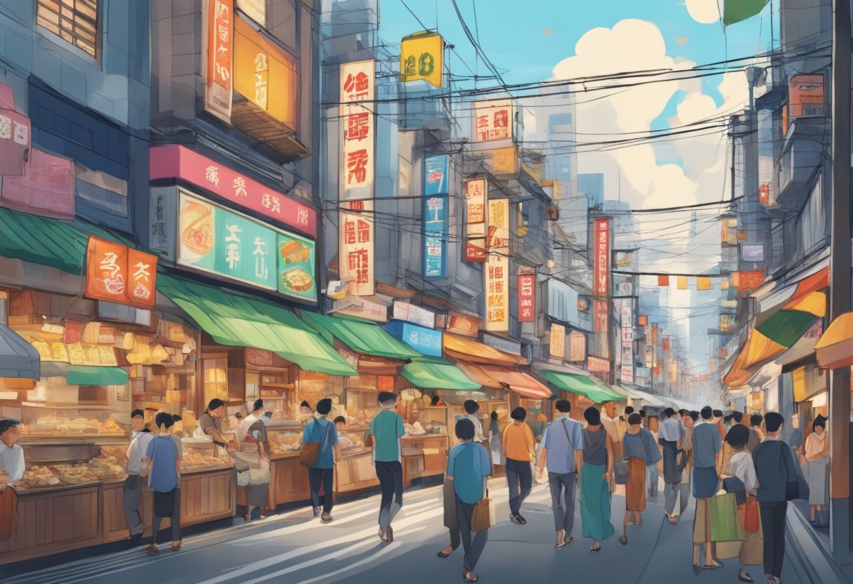 A bustling street in Tokyo, lined with colorful signs and bustling with people. Five Filipino restaurants stand out, each with their own unique charm and delicious aromas drifting into the air