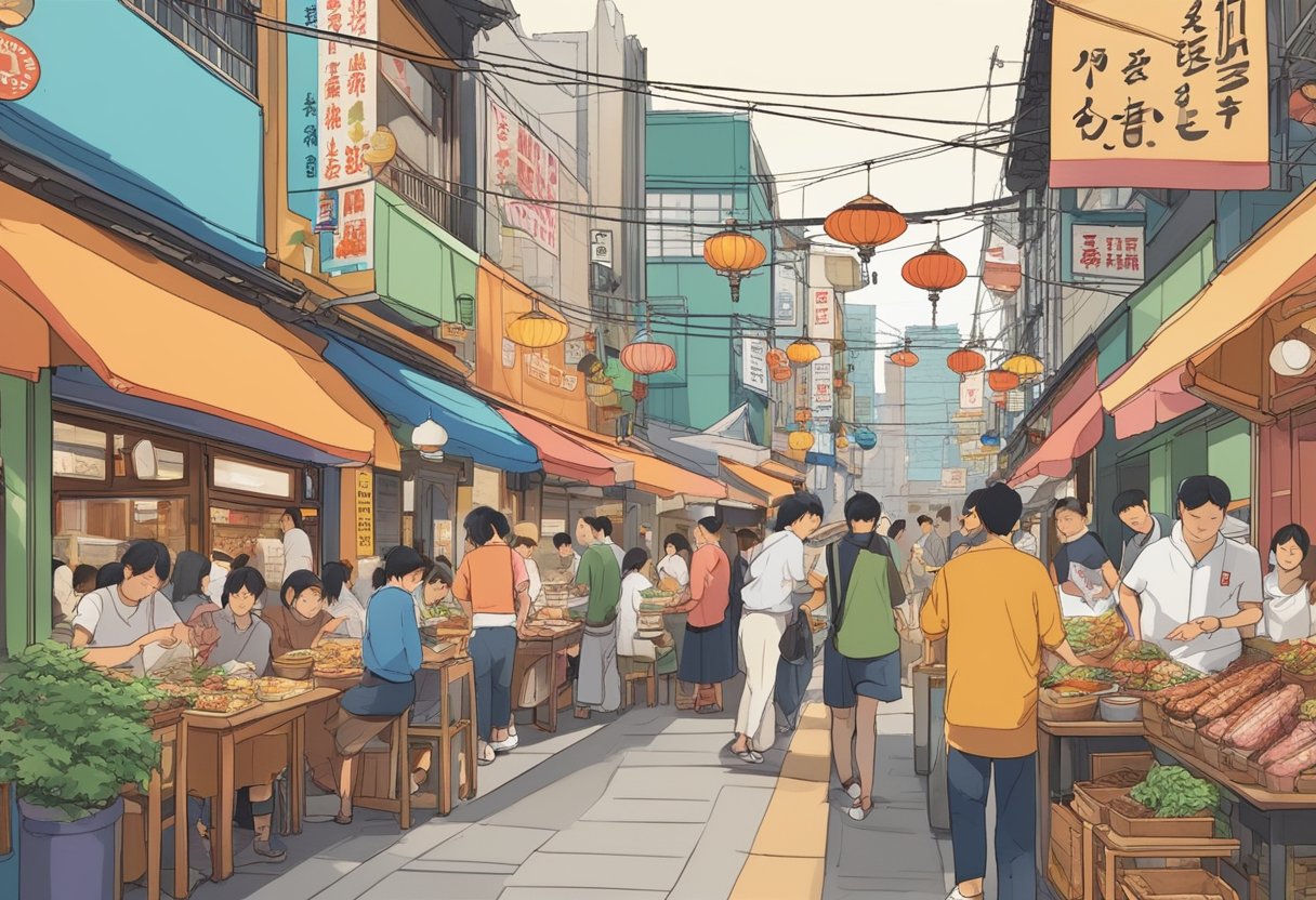A bustling street in Tokyo lined with vibrant Filipino restaurants, each exuding the aroma of sizzling meats and savory spices. Patrons eagerly sample traditional dishes while lively music fills the air