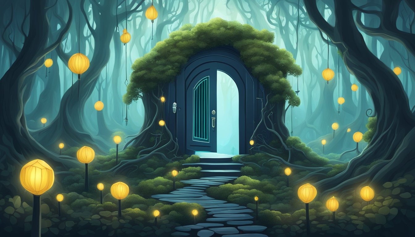 A dark forest with a winding path leading to a mysterious door, surrounded by surreal symbols like floating keys and mirrors