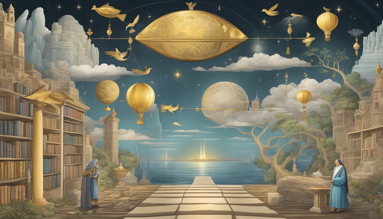 The scene depicts a timeline of dream symbolism, from ancient to modern literature, with symbolic objects and imagery evolving over time