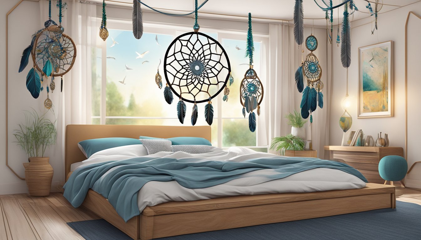 A dreamcatcher hanging above a bed, with feathers and beads, surrounded by floating symbols of key themes like water, animals, and nature