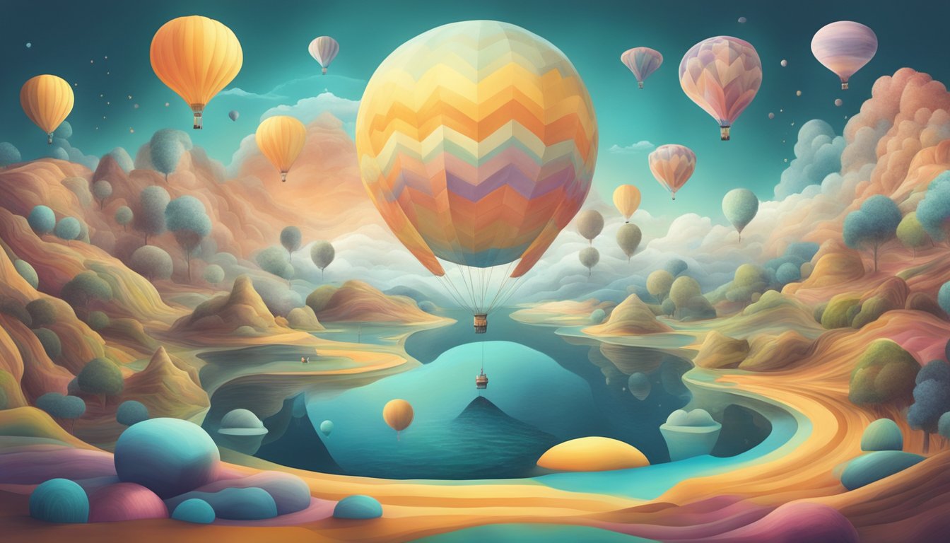 A surreal landscape with floating objects and shifting colors, representing the subconscious mind and dream symbolism in literature