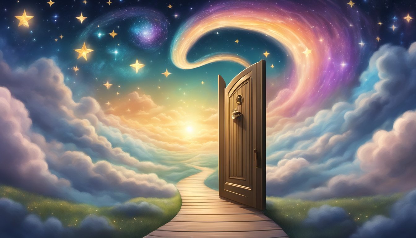 A winding path of stars leads to a keyhole-shaped door, surrounded by swirling clouds and floating objects representing different dream symbols