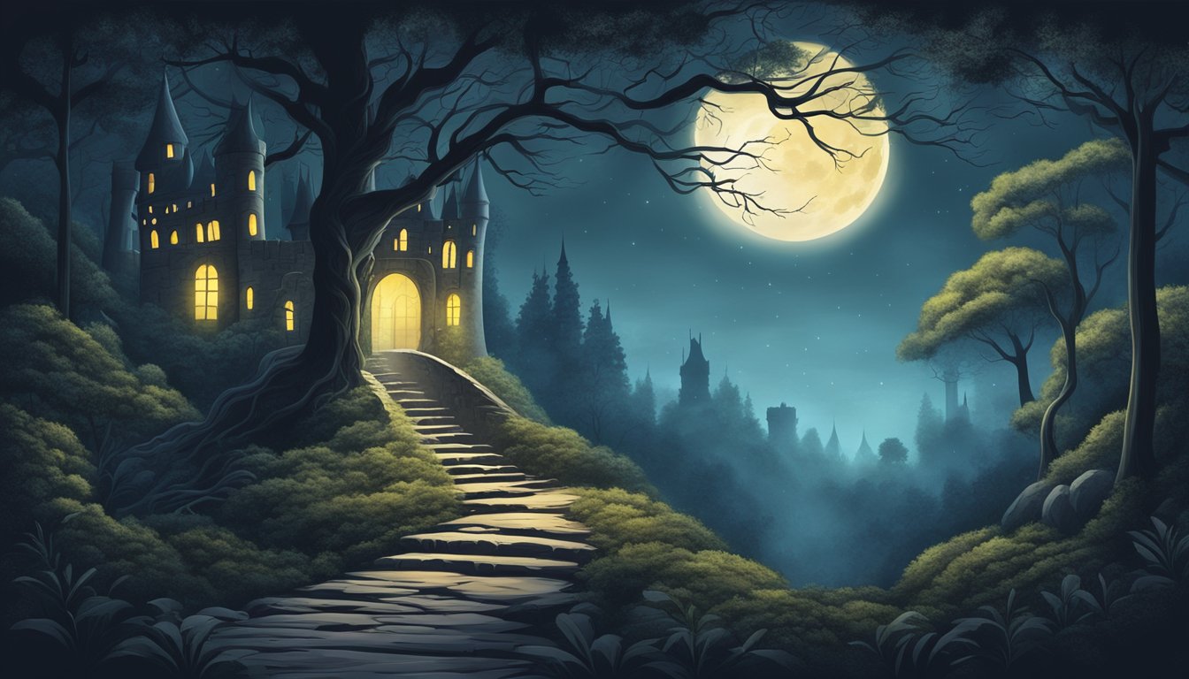 A dark forest with a winding path leading to a mysterious castle, surrounded by swirling mist and illuminated by a full moon