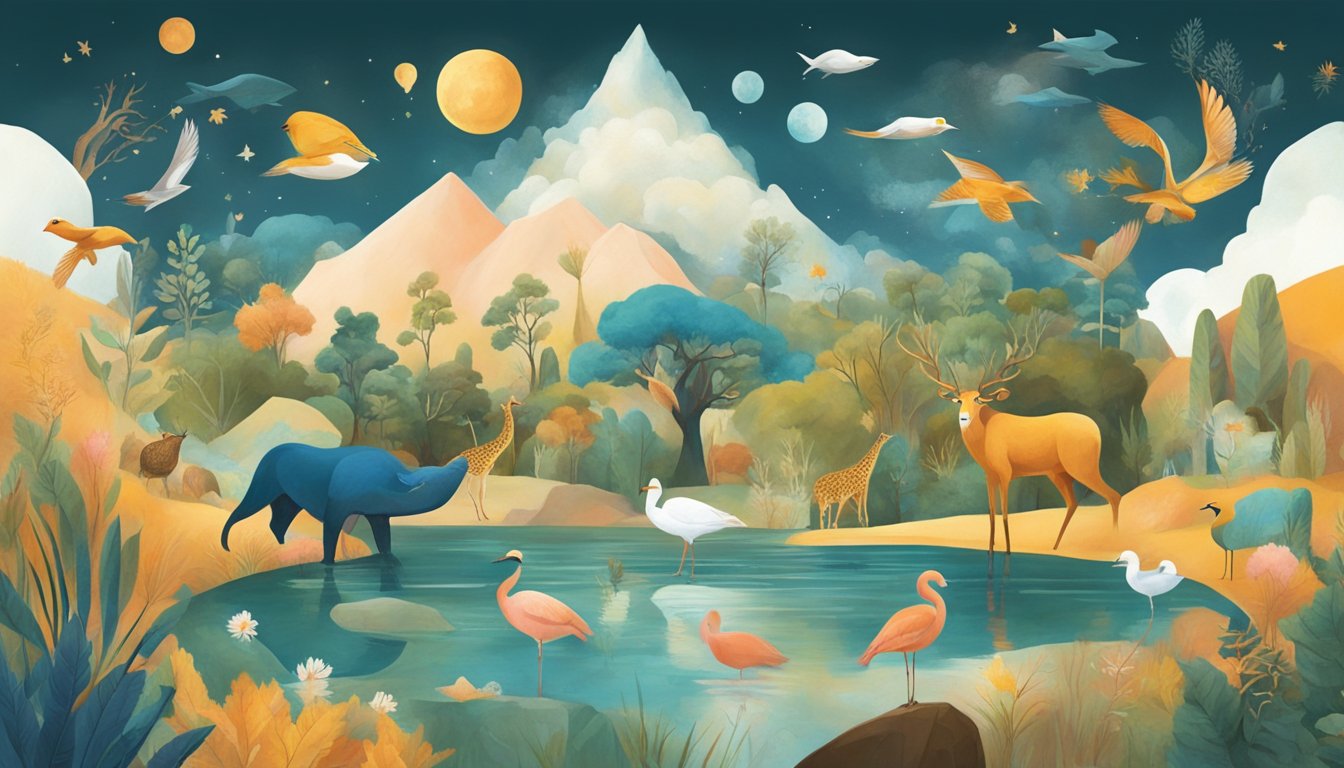 Various cultural symbols (e.g. animals, objects) fill a dream landscape, reflecting diverse interpretations of dream symbolism in literature