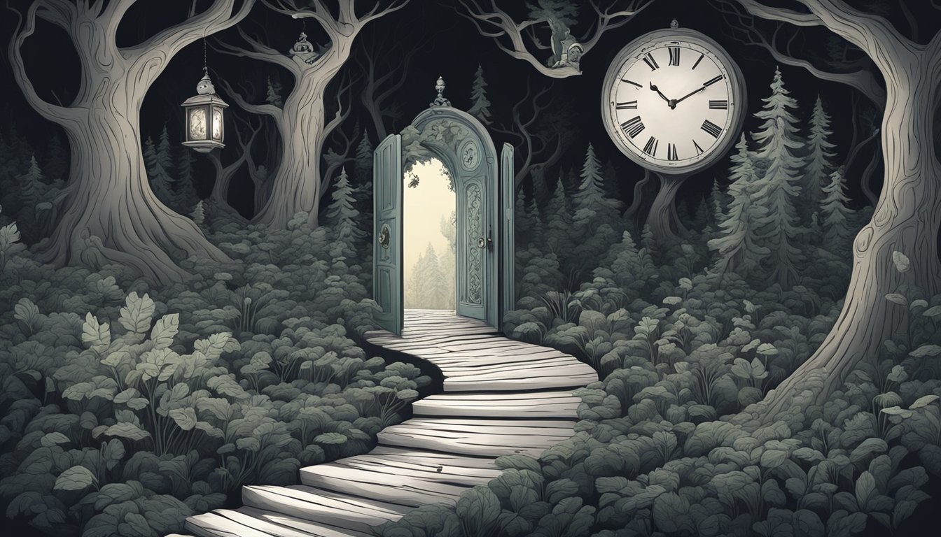 A dark forest with a winding path leading to a mysterious door, surrounded by surreal objects like floating clocks and distorted mirrors