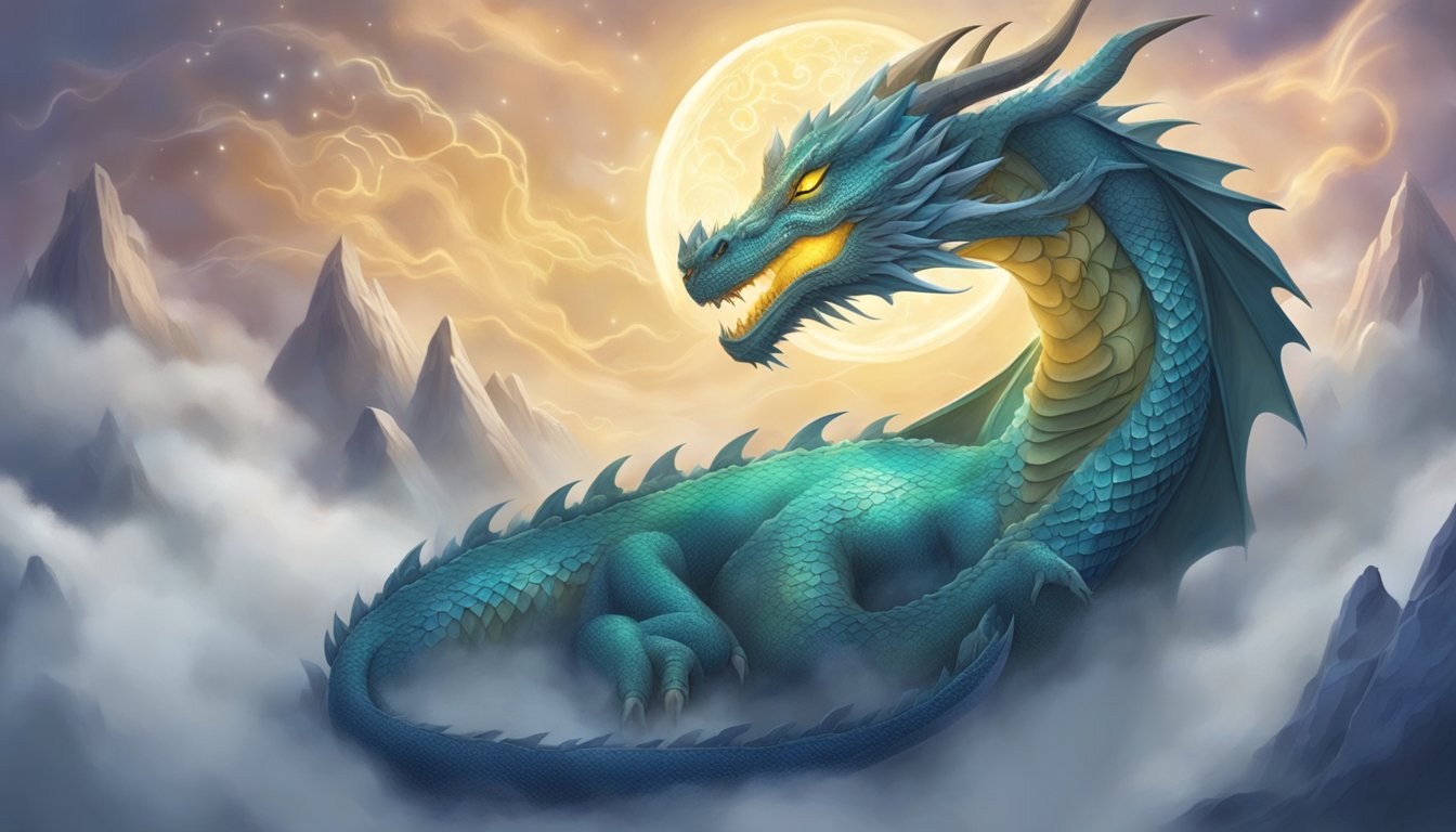 A dragon sleeps peacefully, surrounded by swirling mist and glowing symbols, hinting at the mysteries of its dreams