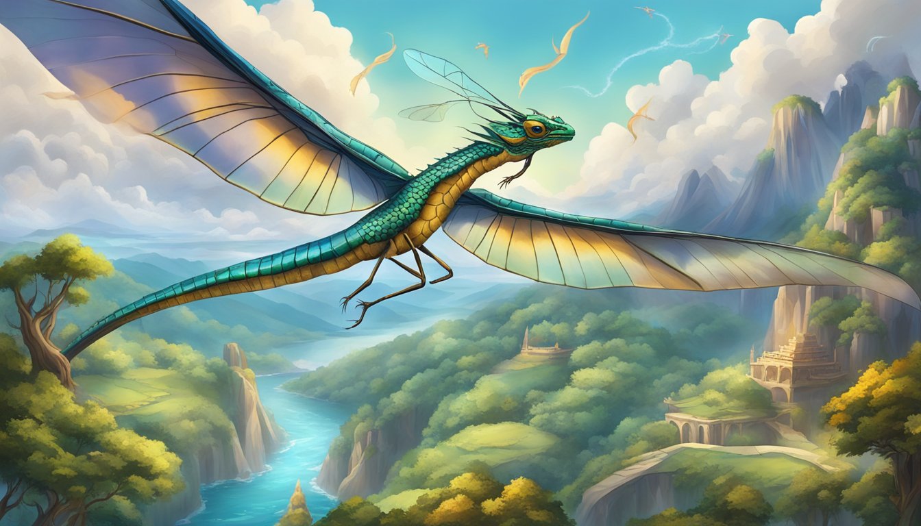 A majestic dragon flies above a vibrant landscape, surrounded by symbols of wisdom, power, and ancient traditions