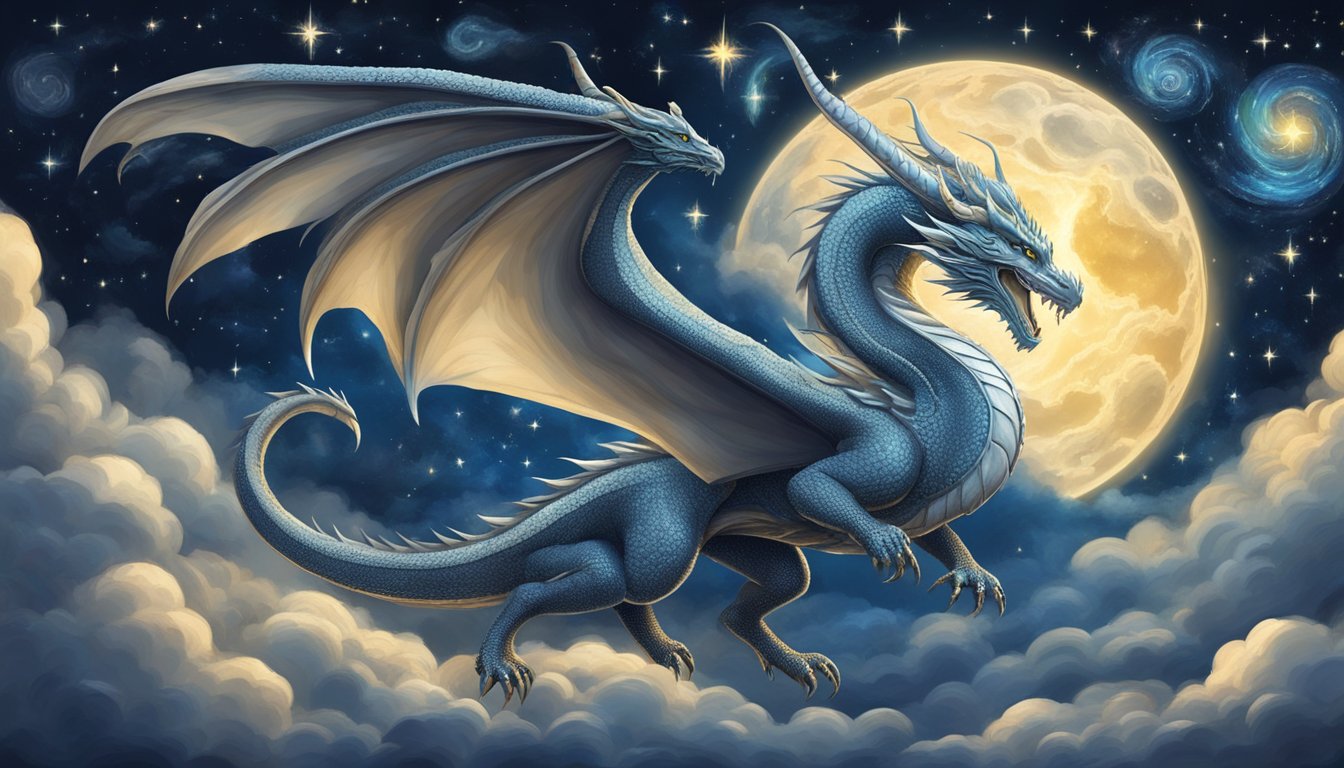 A majestic dragon soaring through a starry night sky, surrounded by swirling clouds and mystical symbols, evoking a sense of wonder and mystery