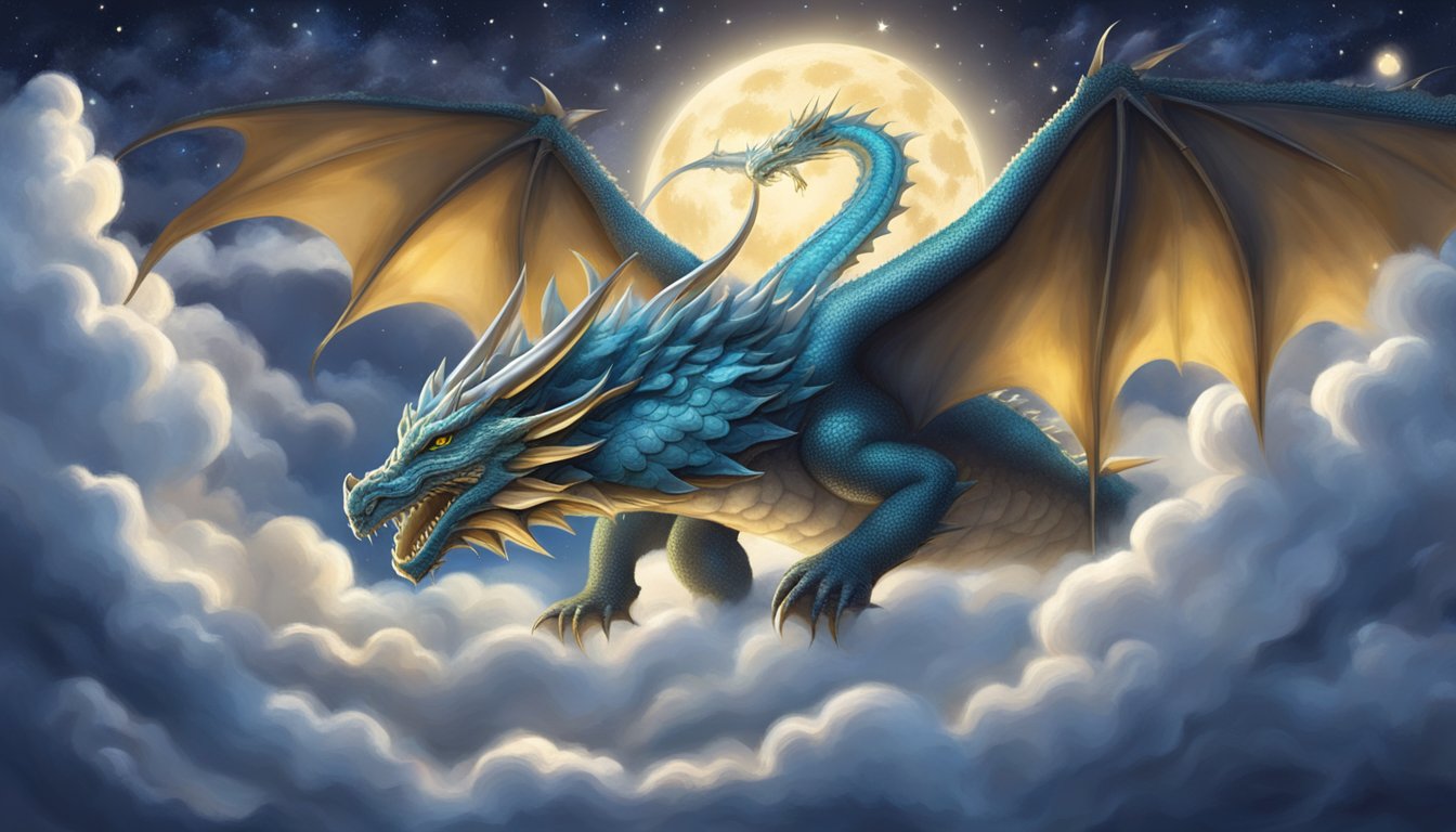 A dragon sleeps peacefully, surrounded by swirling clouds and shimmering stars, its scales glistening in the moonlight