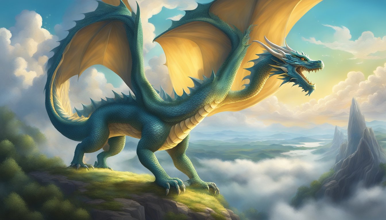 A majestic dragon hovers over a mystical landscape, surrounded by swirling clouds and glowing orbs, evoking a sense of ancient wisdom and otherworldly power