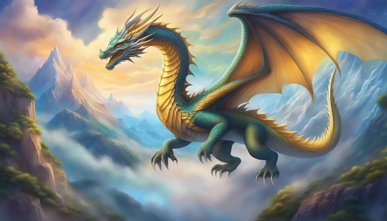 A majestic dragon soars through a vibrant dreamscape, surrounded by swirling mists and shimmering stars.</p><p>Its powerful wings and gleaming scales exude a sense of ancient wisdom and otherworldly power