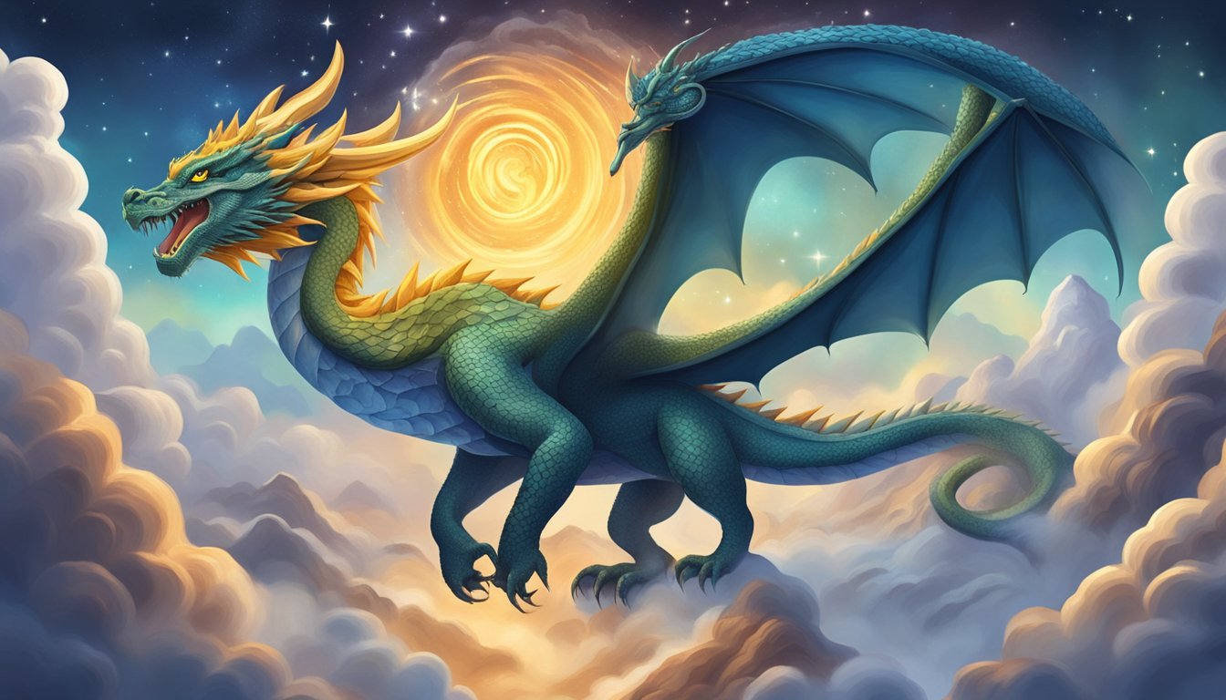 A dragon perched on a mountain, surrounded by swirling clouds and stars.</p><p>Its eyes closed as it dreams, with symbols of fire, water, and earth floating around it