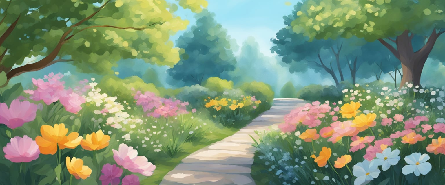 A serene garden with blooming flowers, a clear blue sky, and a gentle breeze, evoking a sense of peace and positivity for beginners in manifestation