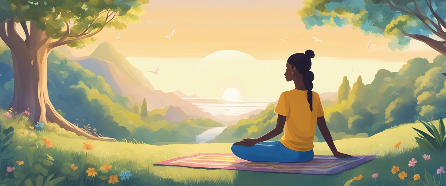 A peaceful setting with a clear blue sky, surrounded by nature. A person sits cross-legged, eyes closed, with a serene expression, surrounded by symbols of positivity and abundance