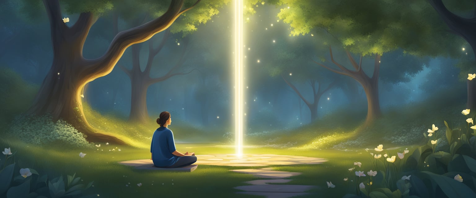 A tranquil garden with a person sitting cross-legged, surrounded by glowing symbols and a beam of light from the sky