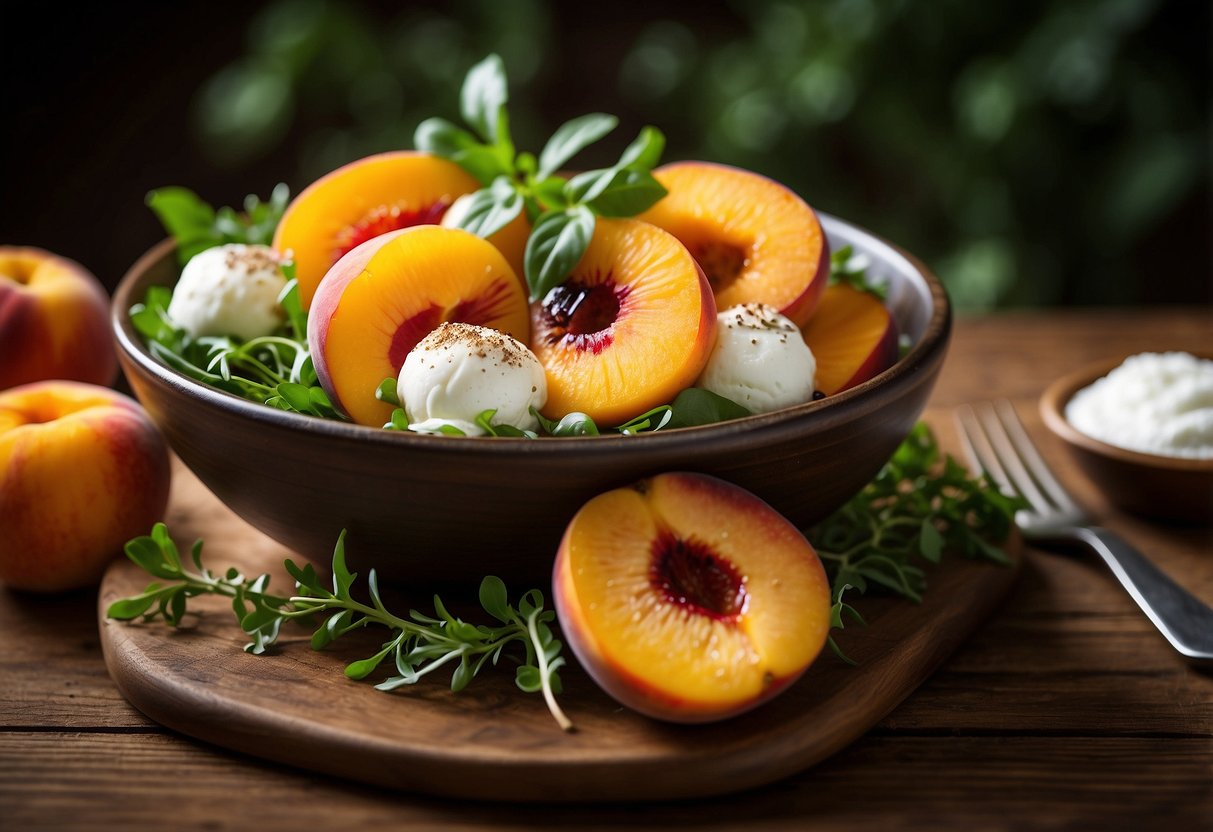 A bowl with sliced peaches, burrata cheese, arugula, and balsamic glaze on a wooden table
