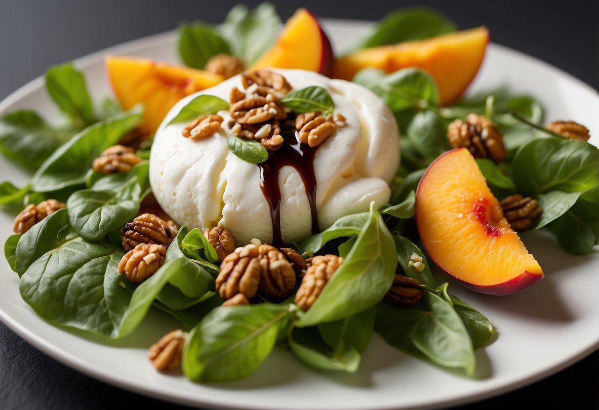 A colorful salad composed of ripe peaches, creamy burrata cheese, fresh basil, and a drizzle of balsamic glaze, served on a bed of mixed greens and sprinkled with crunchy walnuts