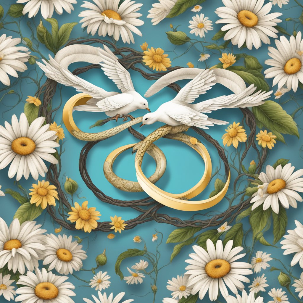 A pair of intertwined snakes, two doves in flight, and two entwined infinity symbols, all surrounded by a ring of daisies