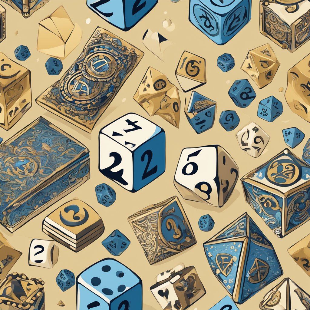 A pair of dice with the number 2 facing up, surrounded by cultural symbols and artifacts