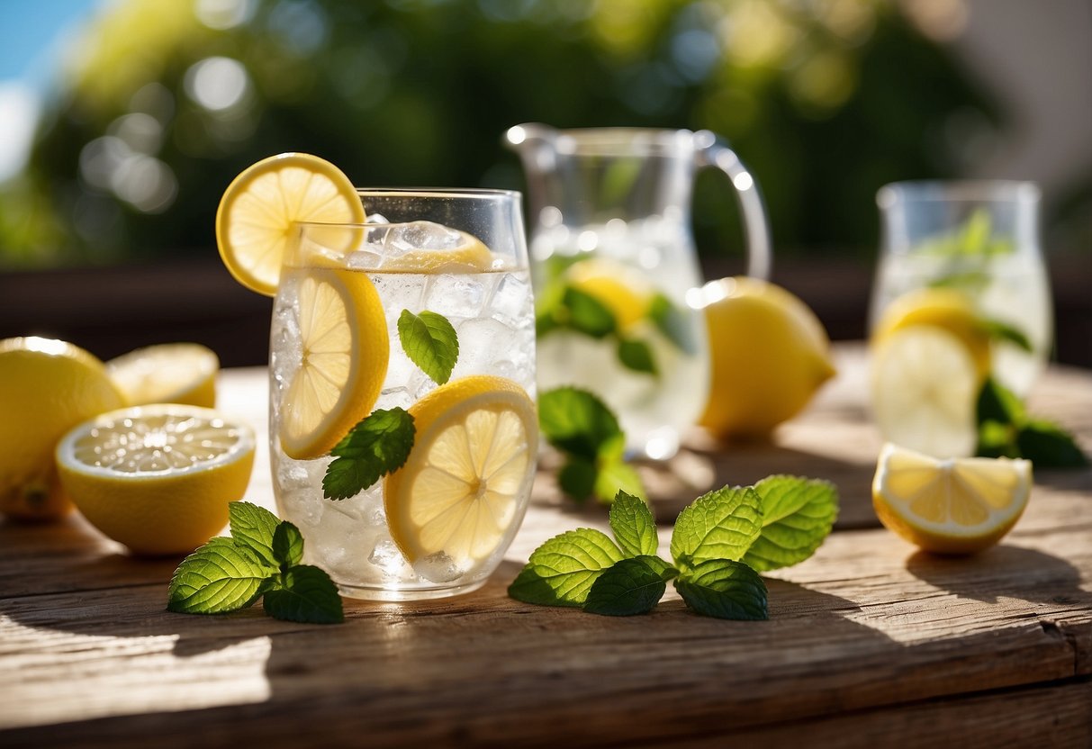 A pitcher of sugar-free lemonade surrounded by fresh lemon slices, ice cubes, and mint leaves on a sunny outdoor table