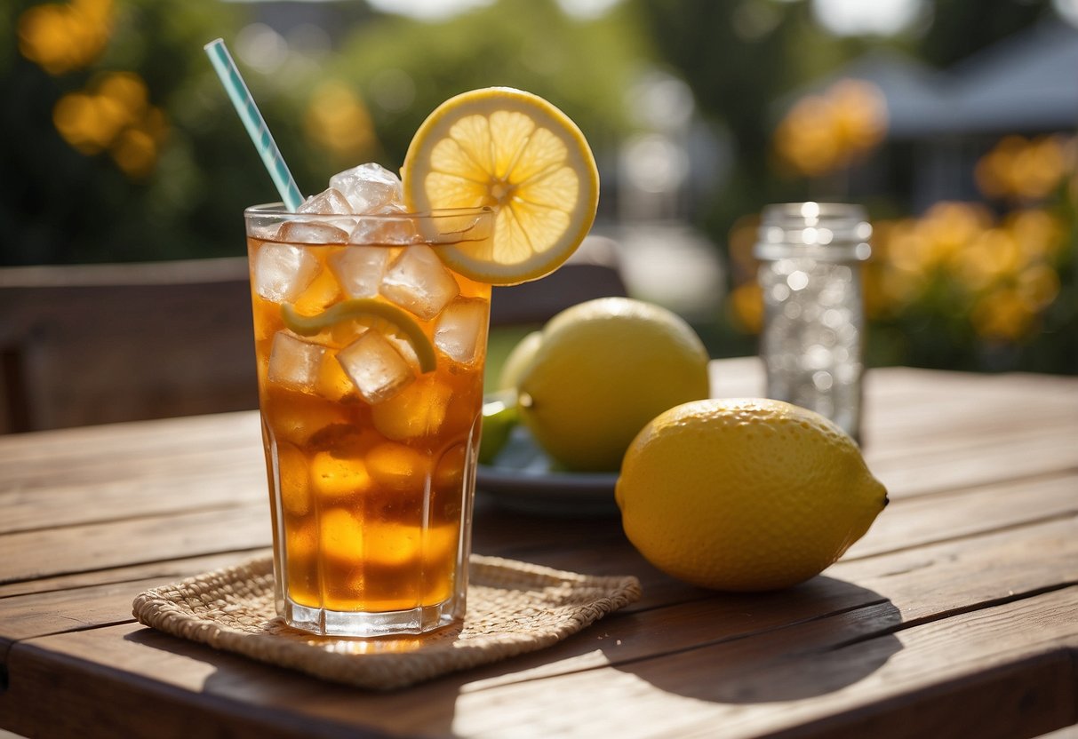 A tall glass of Arnold Palmer sits on a sun-drenched patio table, surrounded by vibrant summer fruits and a pitcher of iced tea and lemonade