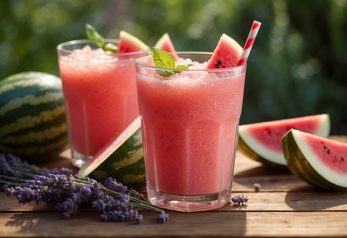 A glass of watermelon lavender slushie sits on a wooden table, surrounded by fresh watermelon slices and sprigs of lavender. The slushie glistens with condensation, promising a refreshing summer treat