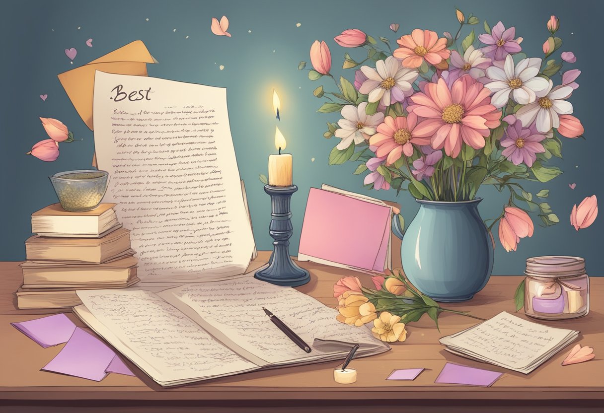 A table with scattered love letters and a flickering candle, surrounded by blooming flowers and a handwritten note with the words "best love quotes."